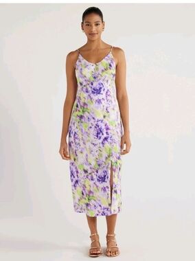 Scoop Midi Slip Dress, Multicolor Sleeveless Satin W/Side Slit, L